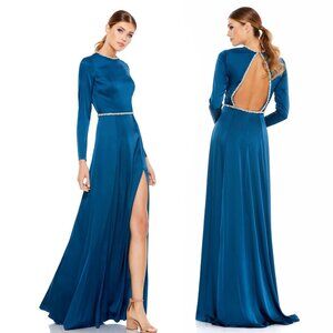 Mac Duggal Blue Long Sleeve Cut Out Gown